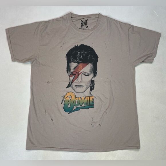Bowie Graphic T-shirt Women Large Beige Distressed Short Sleeve Music - Picture 1 of 5